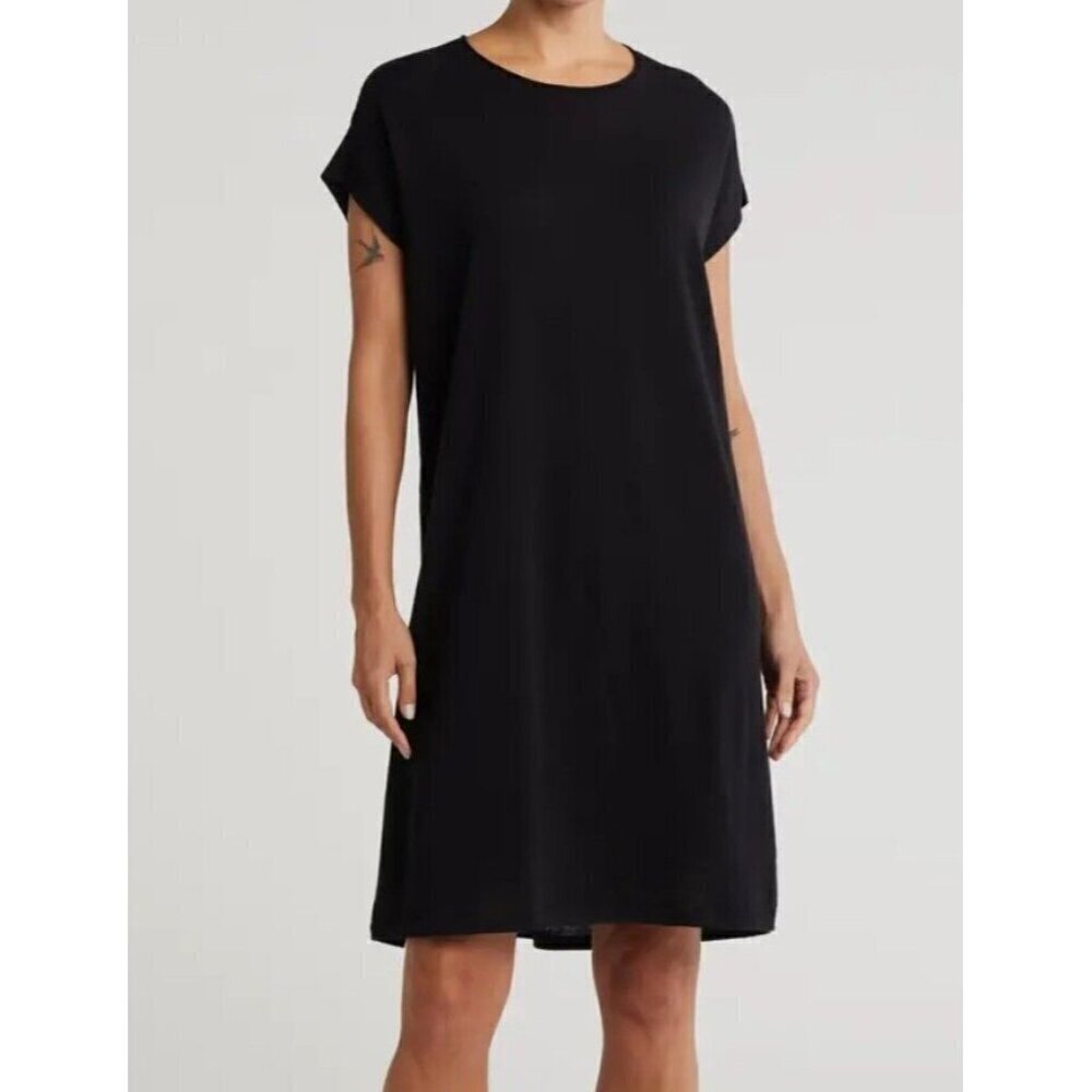NWOT Eileen Fisher Extra Fine Merino Wool Dress Womens M Black Shift Crewneck